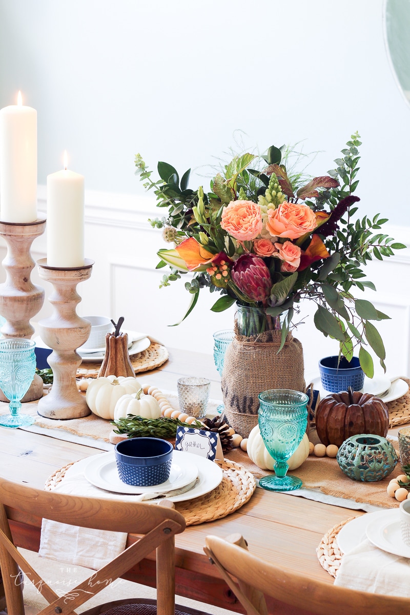 Lantern, Candles and Farmgirl Flowers Fall Tablescape