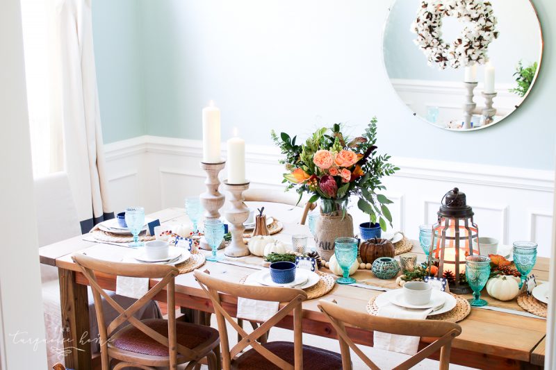 Lantern, Candles and Farmgirl Flowers Fall Tablescape