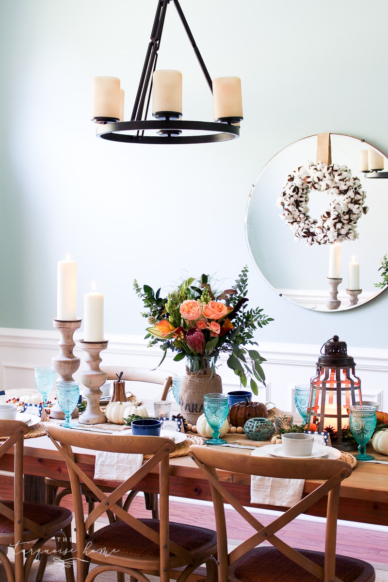 Lantern, Candles and Farmgirl Flowers Fall Tablescape