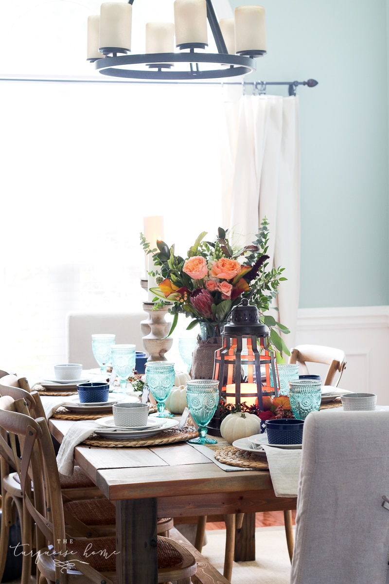 Lantern, Candles and Farmgirl Flowers Fall Tablescape