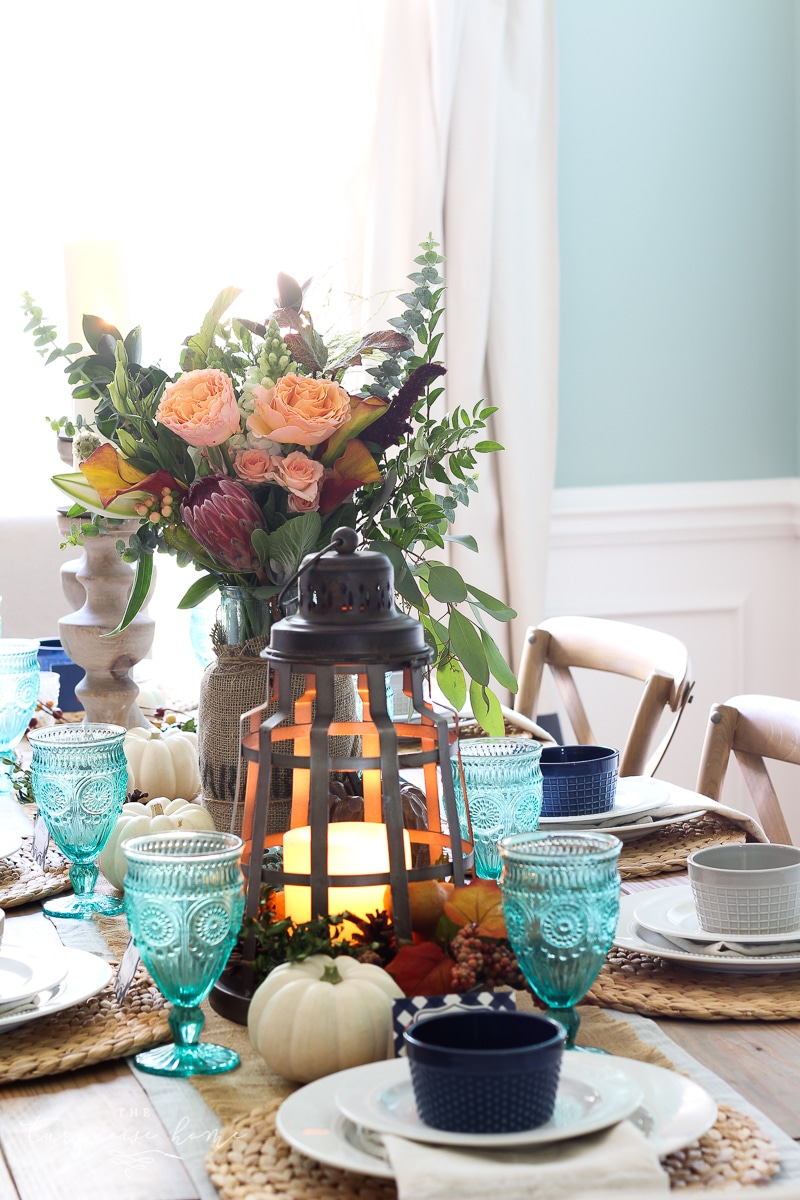 Lantern, Candles and Farmgirl Flowers Fall Tablescape