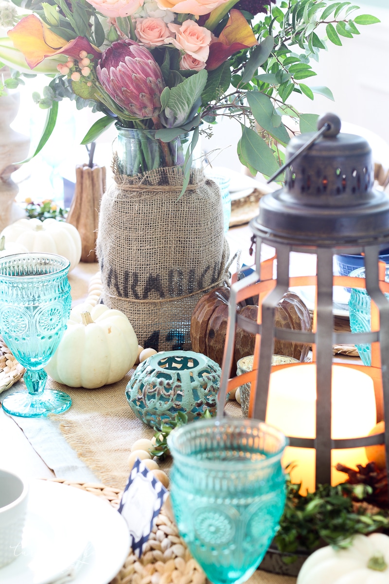Lantern, Candles and Farmgirl Flowers Fall Tablescape