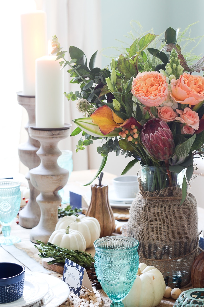 Lantern, Candles and Farmgirl Flowers Fall Tablescape