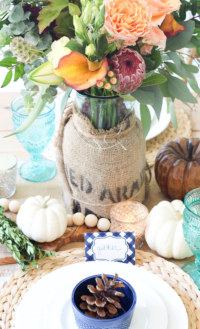 Lantern, Candles and Farmgirl Flowers Fall Tablescape