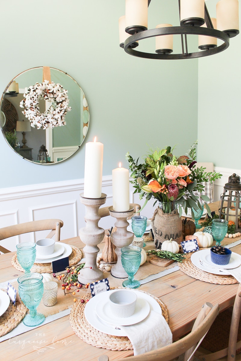 Lantern, Candles and Farmgirl Flowers Fall Tablescape