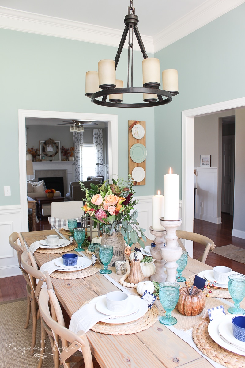 Lantern, Candles and Farmgirl Flowers Fall Tablescape