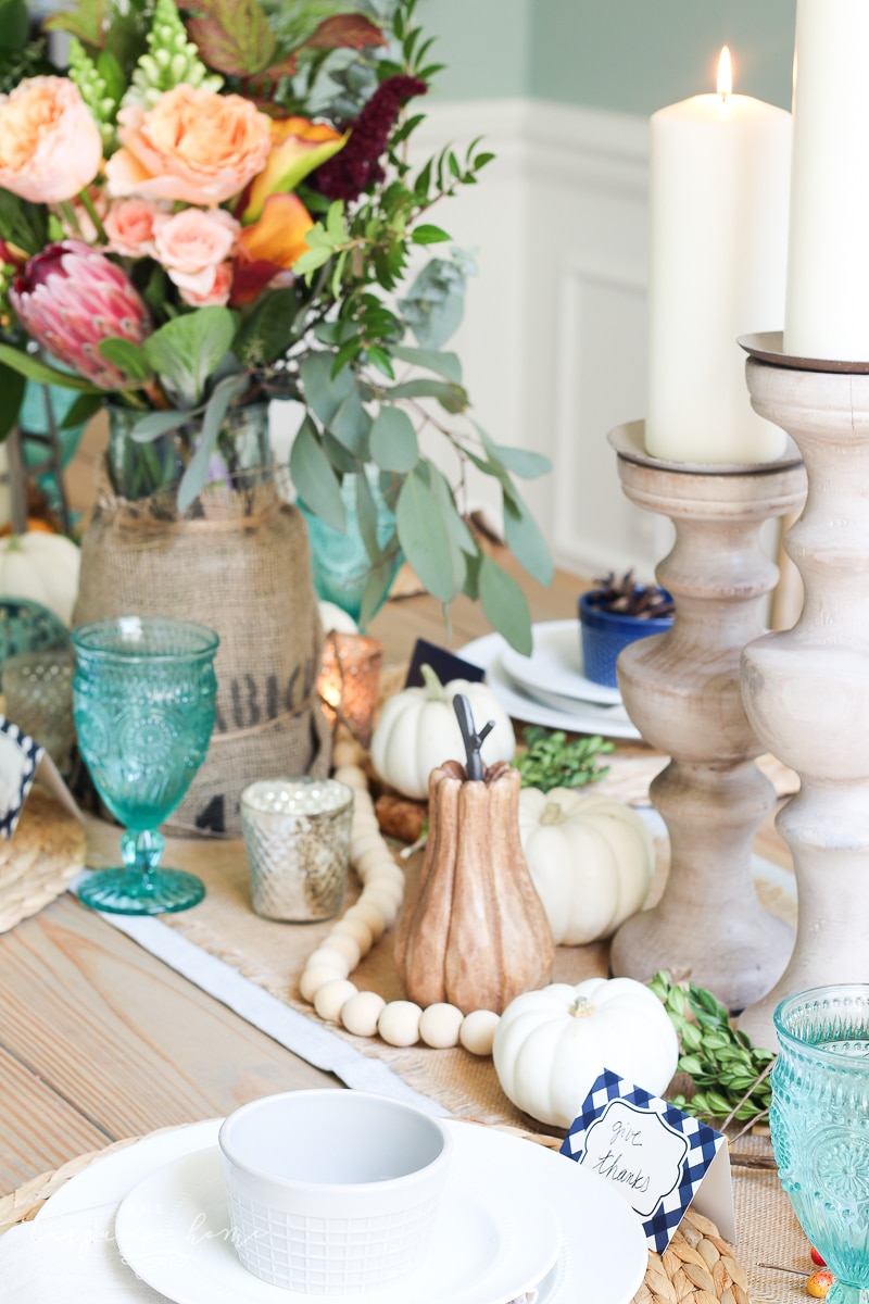 Lantern, Candles and Farmgirl Flowers Fall Tablescape