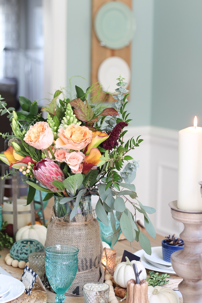 Lantern, Candles and Farmgirl Flowers Fall Tablescape