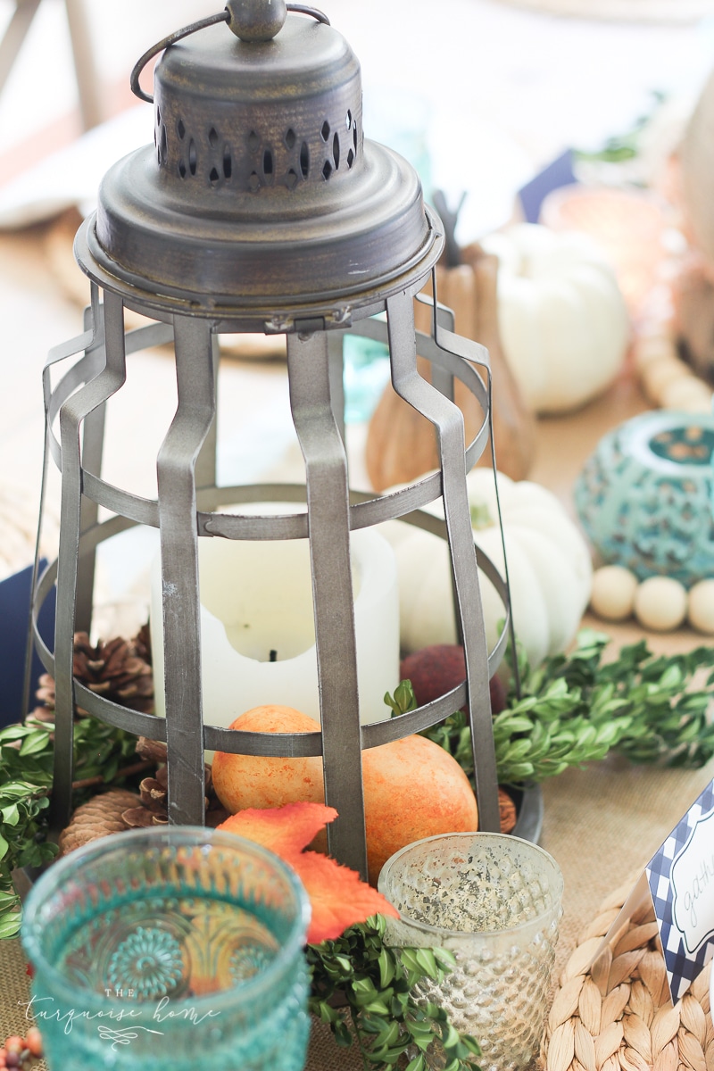 Lantern, Candles and Farmgirl Flowers Fall Tablescape