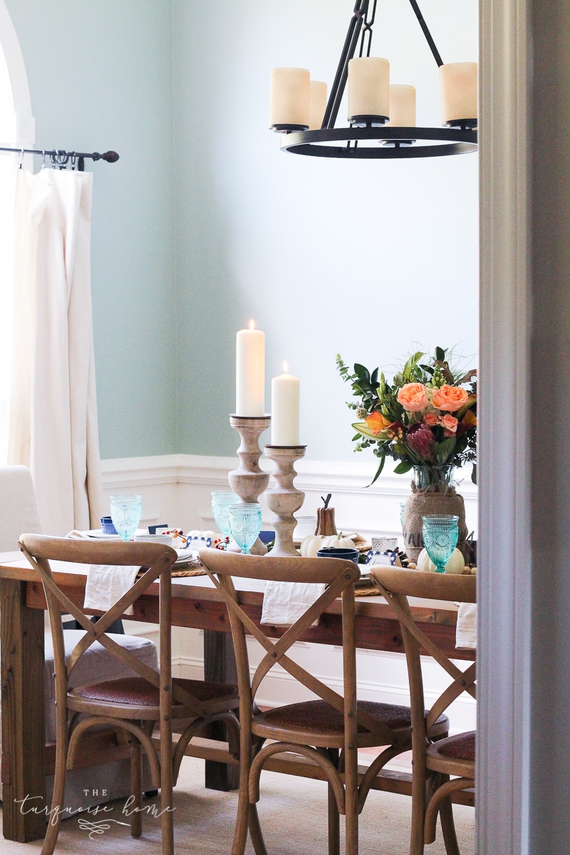 Lantern, Candles and Farmgirl Flowers Fall Tablescape