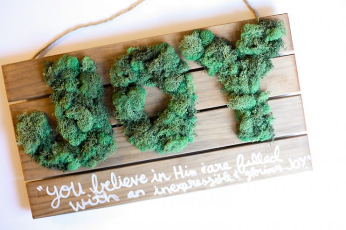 A wooden sign that says JOY in moss.