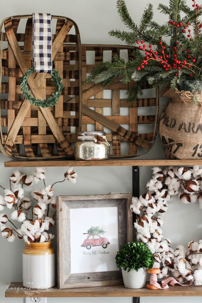 Gorgeous farmhouse shelves all decorated for Christmas and Kitchen Decor with DIY Christmas Kitchen Wreaths!
