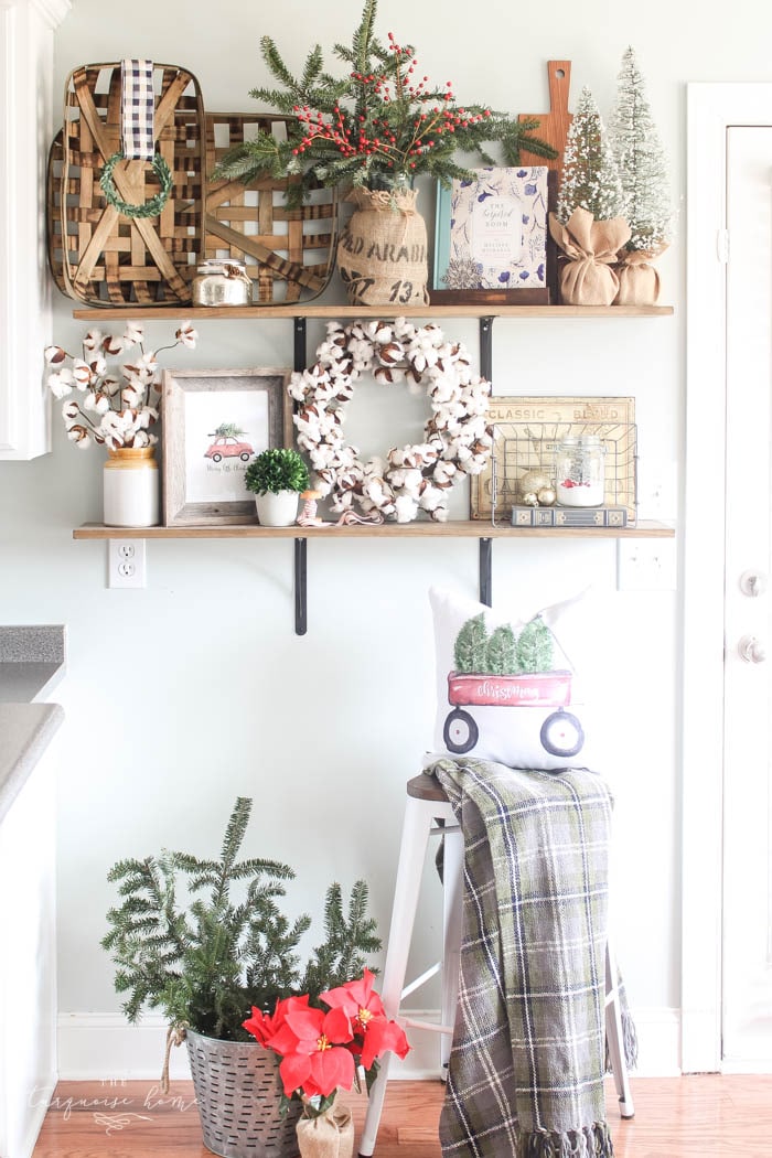 Gorgeous farmhouse shelves all decorated for Christmas and Kitchen Decor with DIY Christmas Kitchen Wreaths!