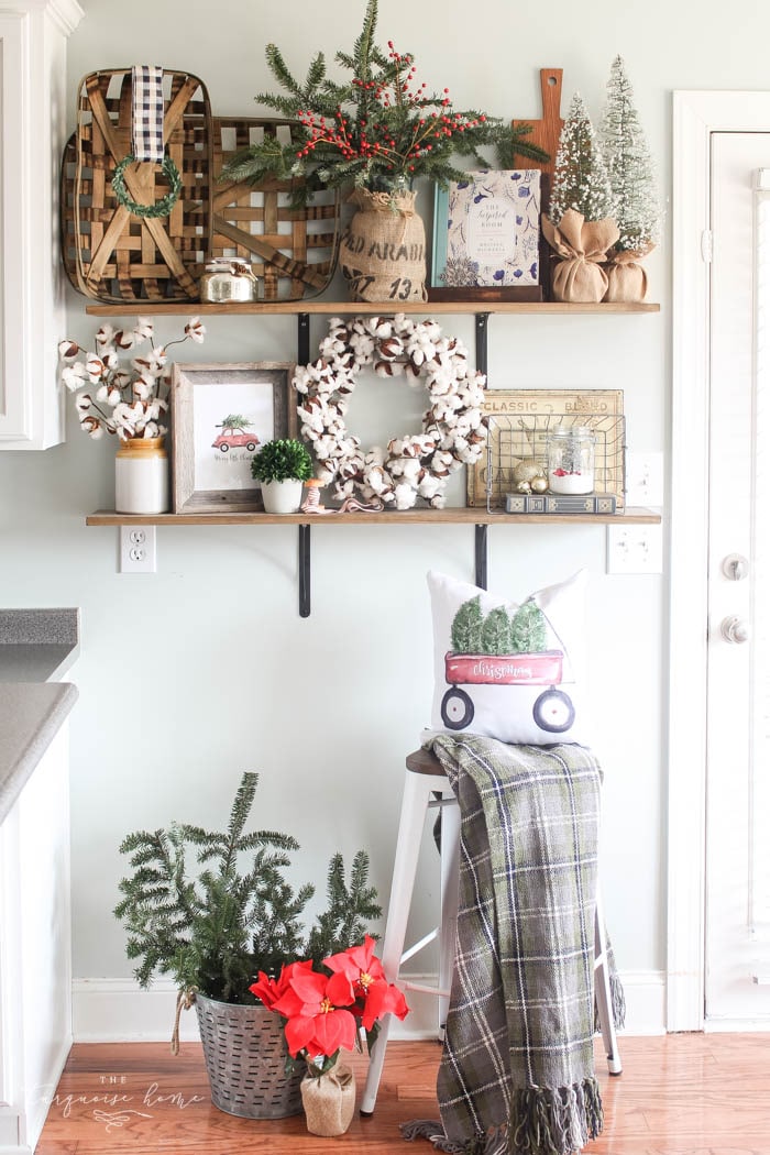 Gorgeous farmhouse shelves all decorated for Christmas and Kitchen Decor with DIY Christmas Kitchen Wreaths!