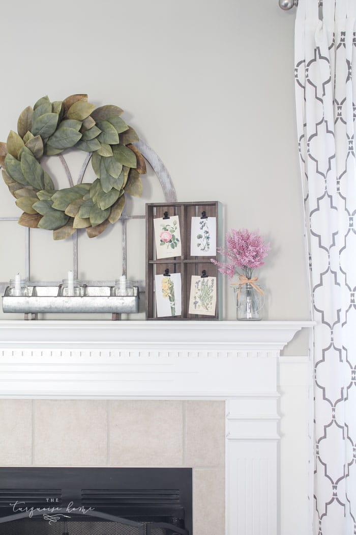 Isn't this just the prettiest pink and turquoise mantel?! Simple Floral Spring Mantel