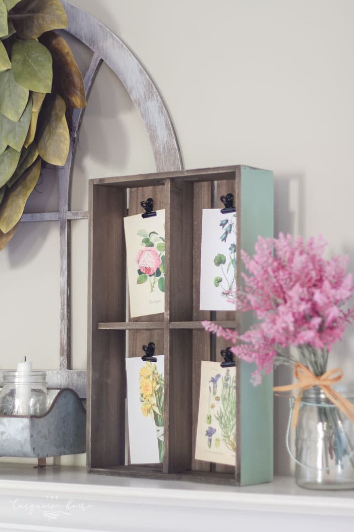 Isn't this just the prettiest pink and turquoise mantel?! Simple Floral Spring Mantel