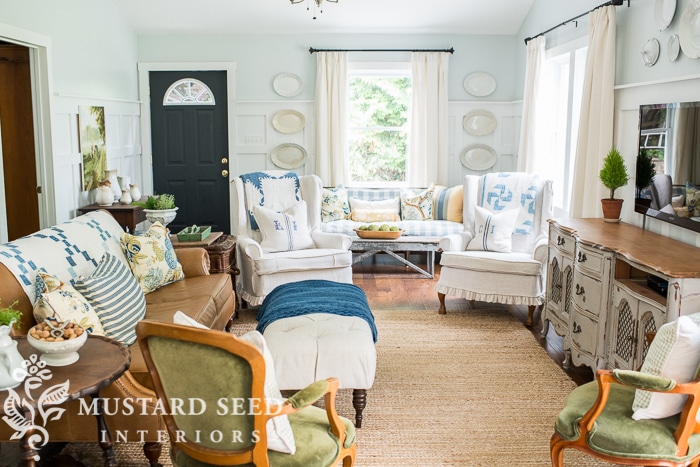 A Simple Blue & Green Living Room from Miss Mustard Seed | 10 Stunning Farmhouse Living Rooms