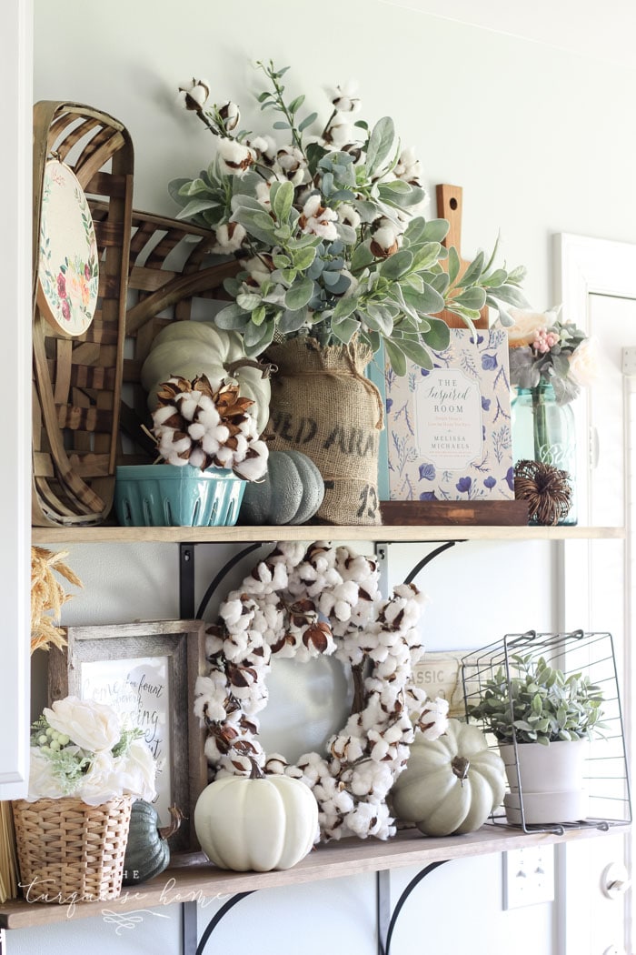 Love this!! Neutral farmhouse fall kitchen shelves ...