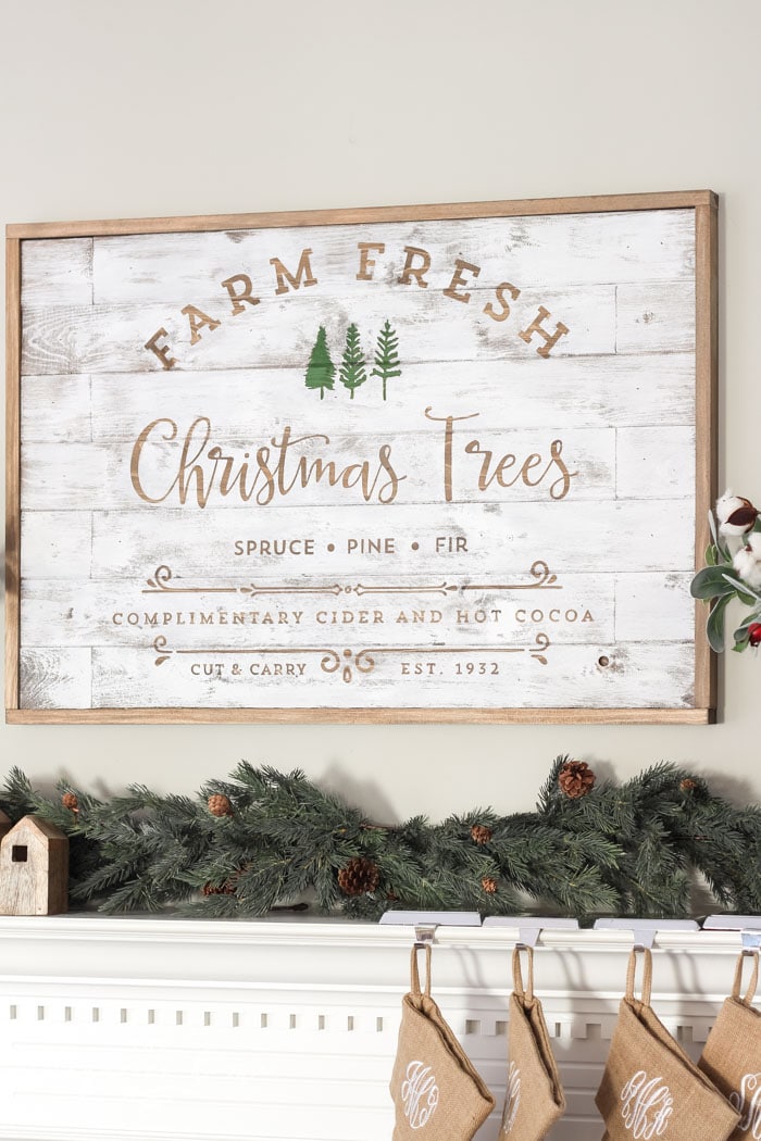 A Farm Fresh Christmas Trees Mantel. Rustic, farmhouse Christmas decor.