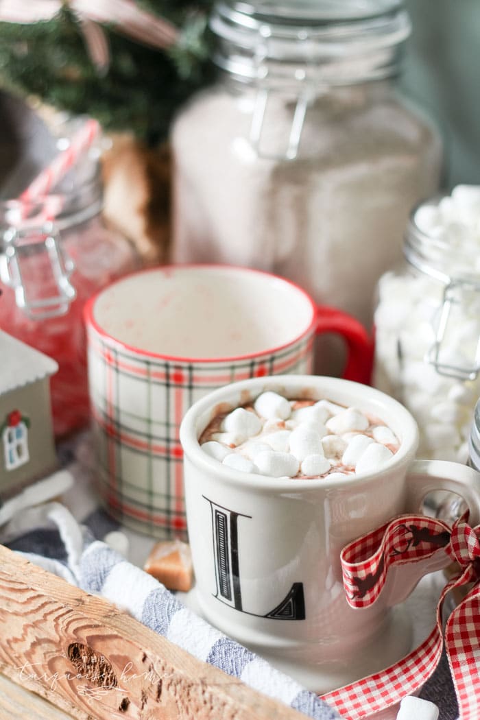 hot cocoa bar and hot choclate in a mug with marshmallows on top.