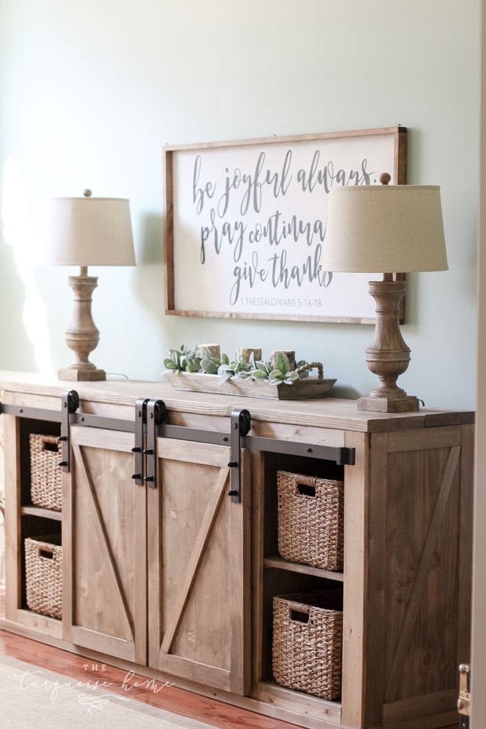 DIY Farmhouse Media Console Table - all the plans to make it yourself!