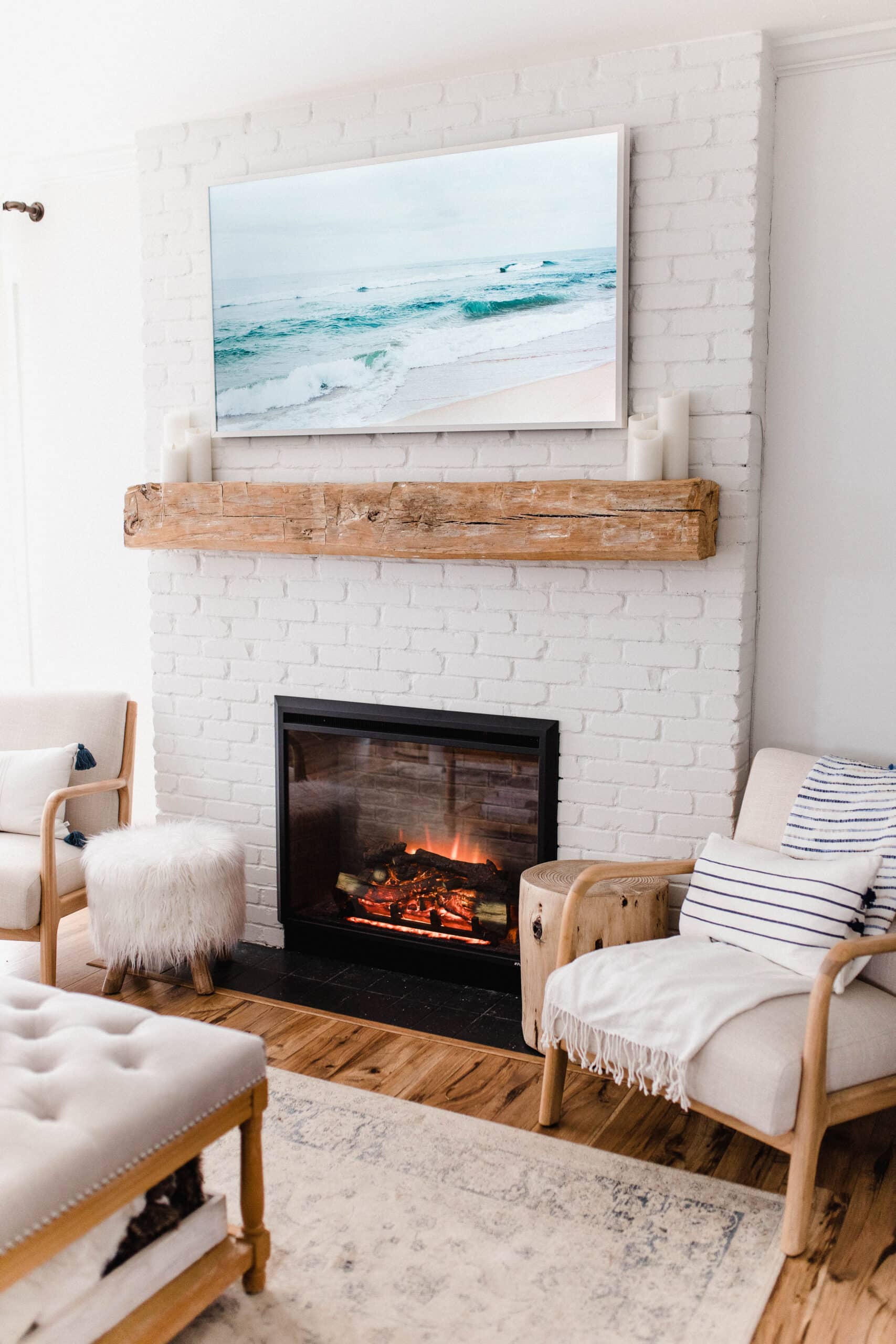 Coastal living room fireplace mantel