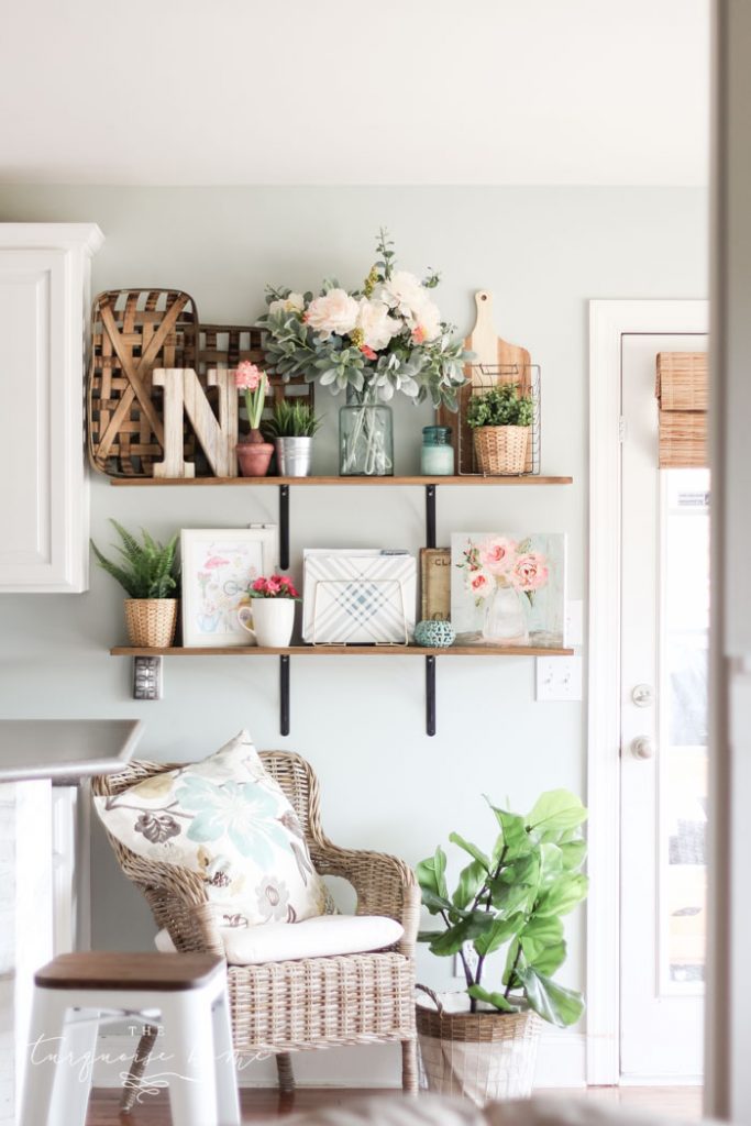 Farmhouse Spring Decorating Ideas - Open Shelves in the Kitchen!