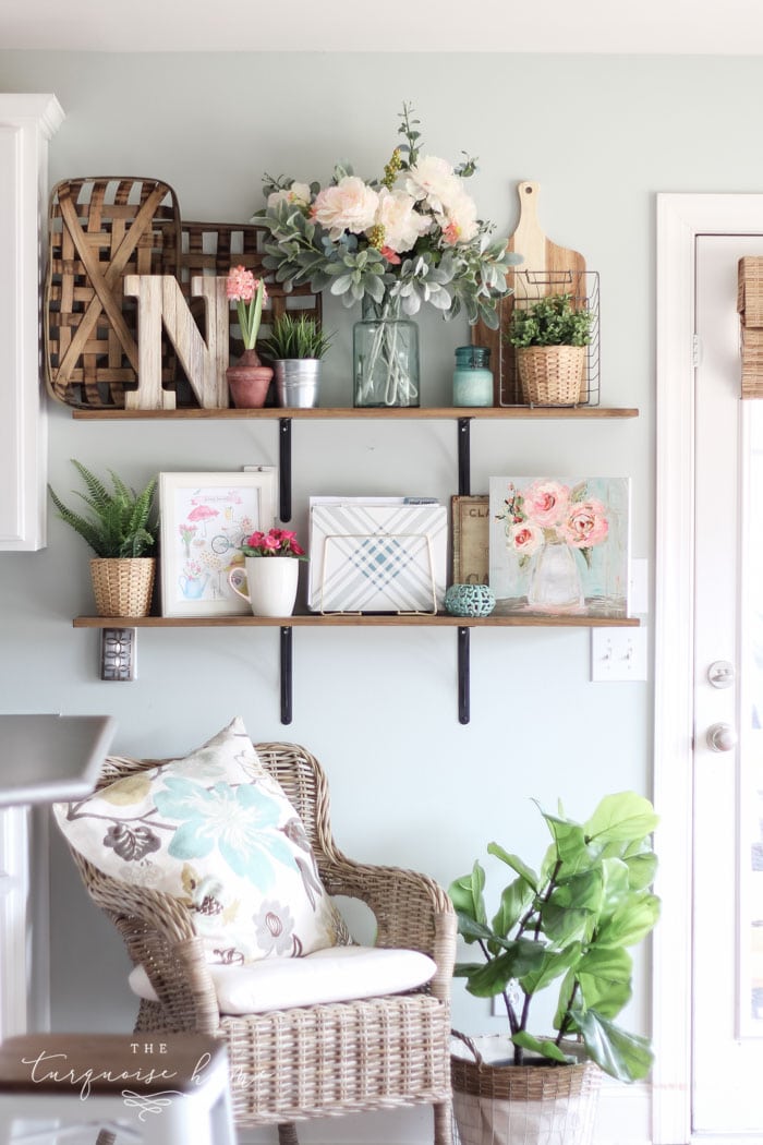 Farmhouse Spring Decorating Ideas - Open Shelves in the Kitchen!