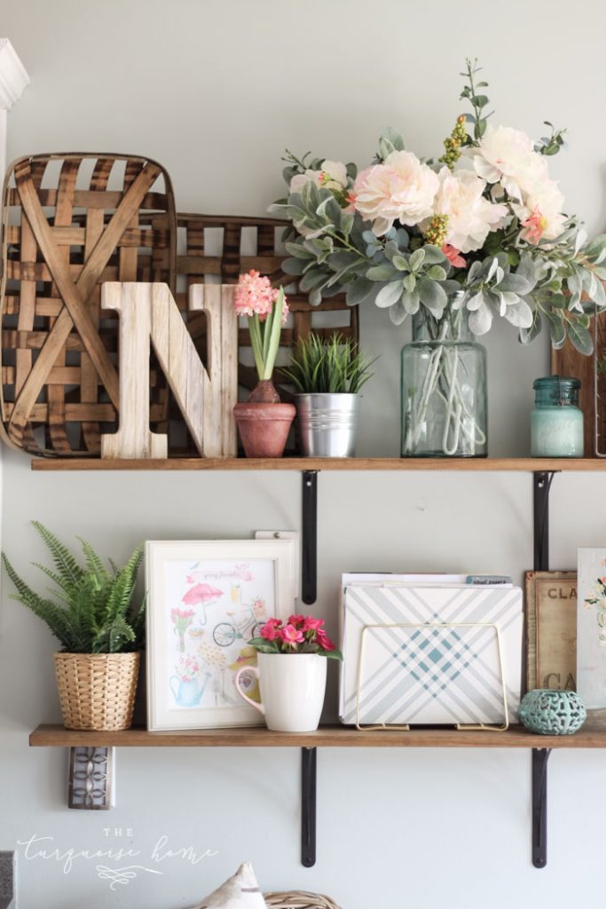 Farmhouse Spring Decorating Ideas - Open Shelves in the Kitchen!