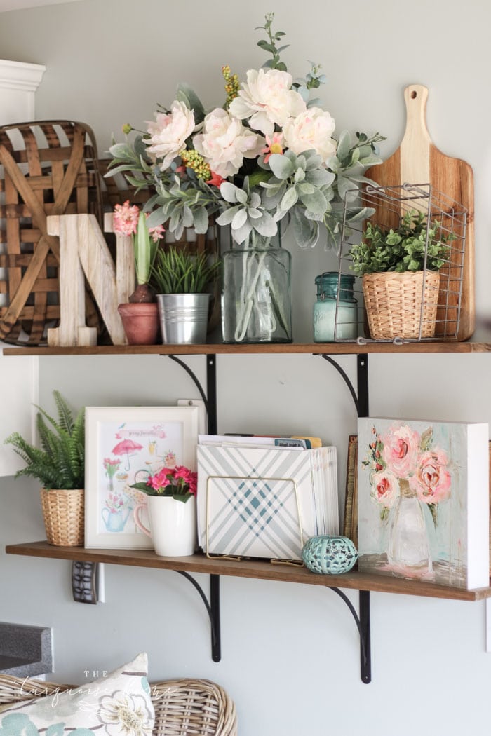 Farmhouse Spring Decorating Ideas - Open Shelves in the Kitchen!