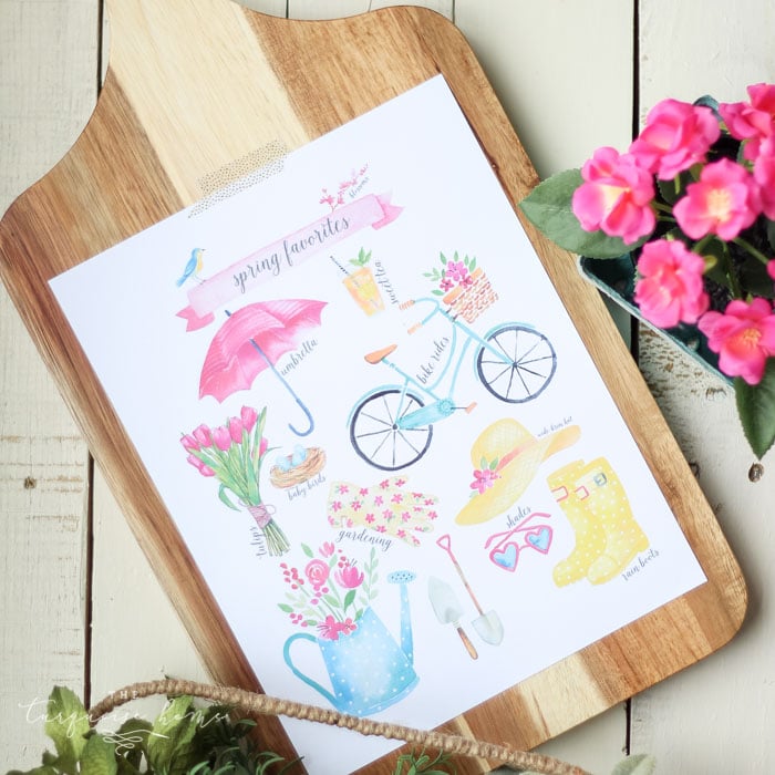 Download this Spring Favorites Free Printable with birds, blooms, and rainboots. And gather inspiration from a fresh, flowery spring vignette.