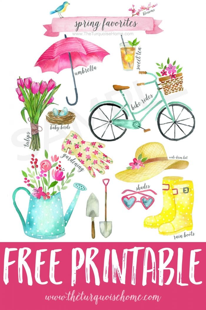 Download this Spring Favorites Free Printable with birds, blooms, and rainboots. And gather inspiration from a fresh, flowery spring vignette.