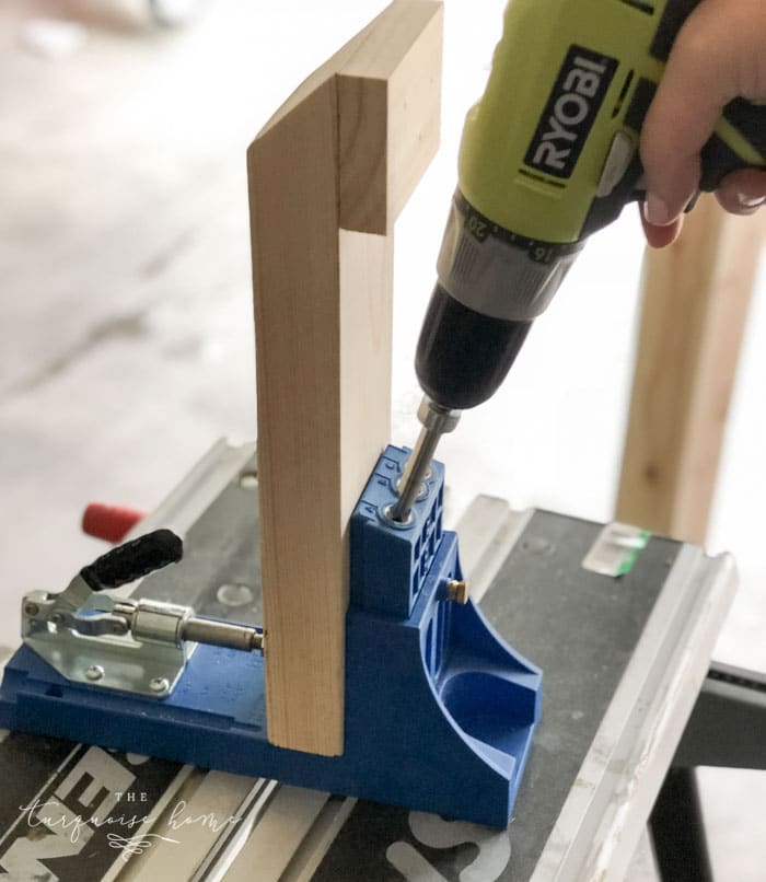 Add Kreg Jig holes to the legs of the DIY Coat Rack.