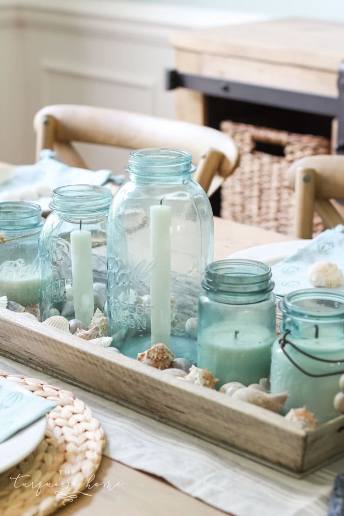 blue glass decor for summer tablescape.