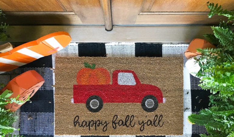 DIY Red Truck with Pumpkin Fall Doormat