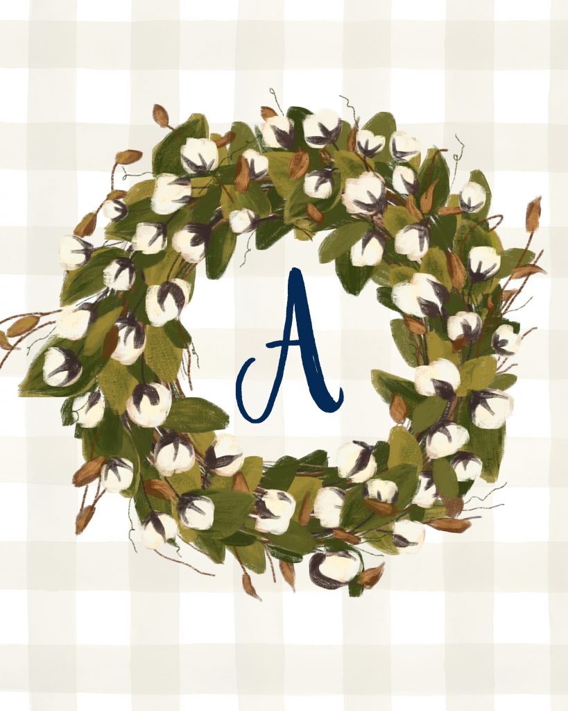 A Monogrammed Cotton Stem Wreath Printable