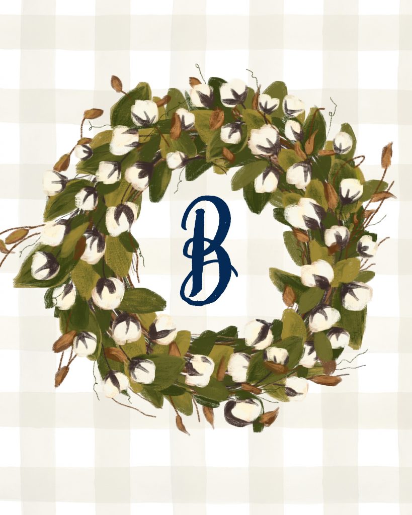 B Monogrammed Cotton Stem Wreath Printable