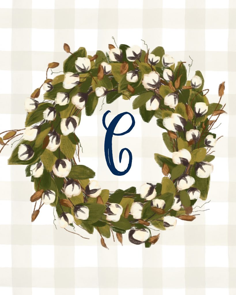 C Monogrammed Cotton Stem Wreath Printable