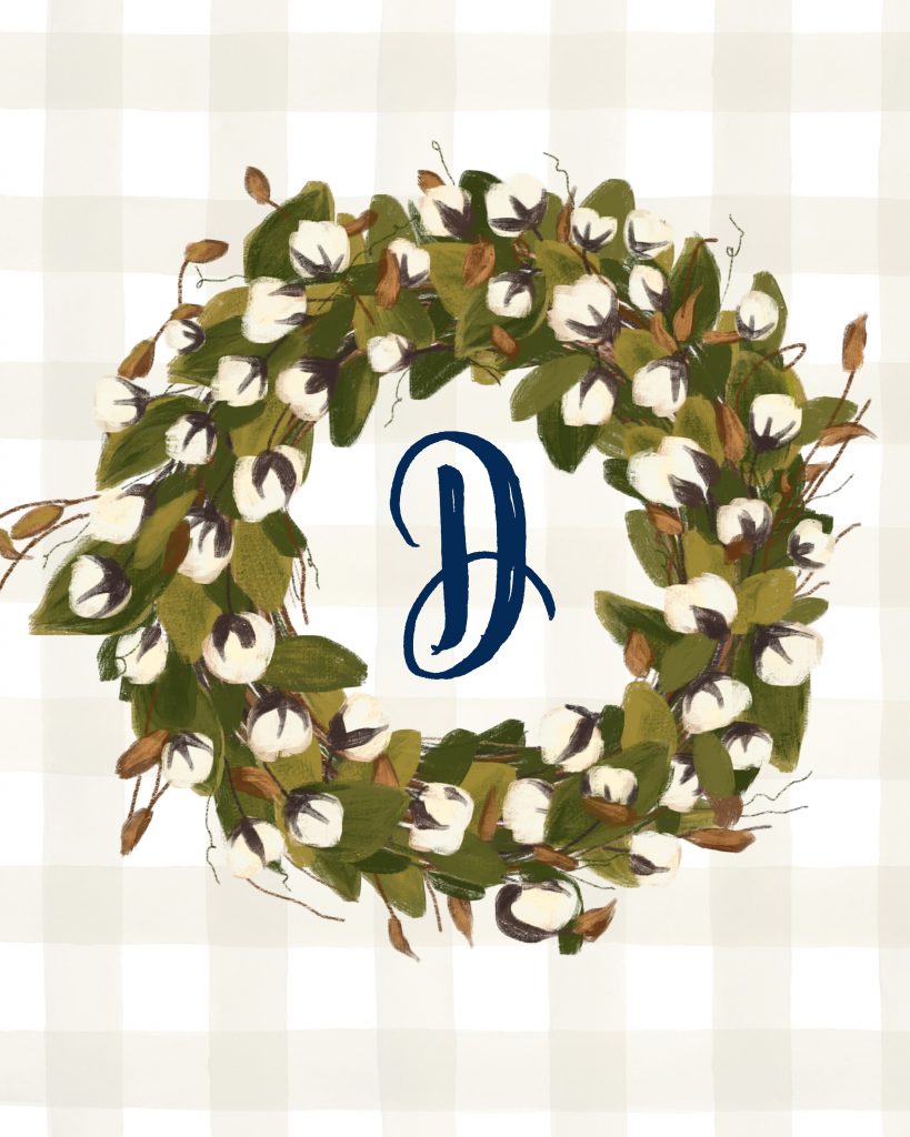D Monogrammed Cotton Stem Wreath Printable