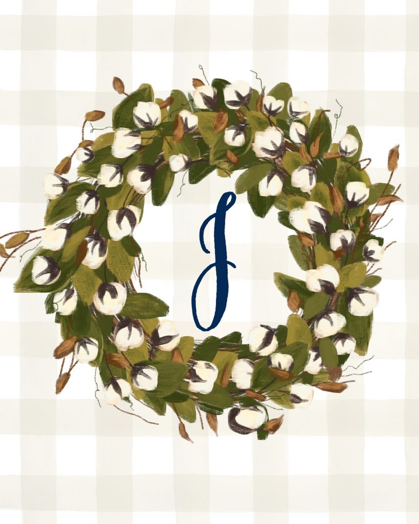 J Monogrammed Cotton Stem Wreath Printable