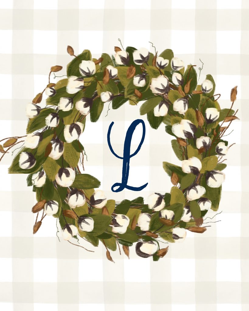 L Monogrammed Cotton Stem Wreath Printable