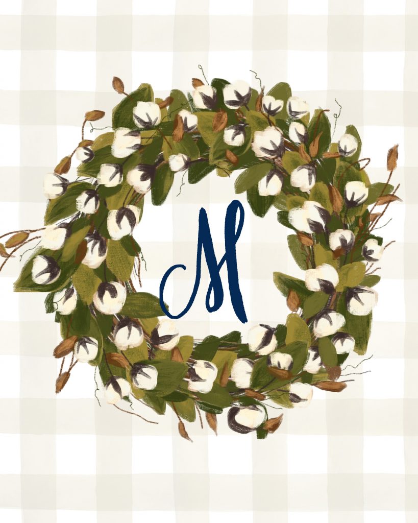 M Monogrammed Cotton Stem Wreath Printable