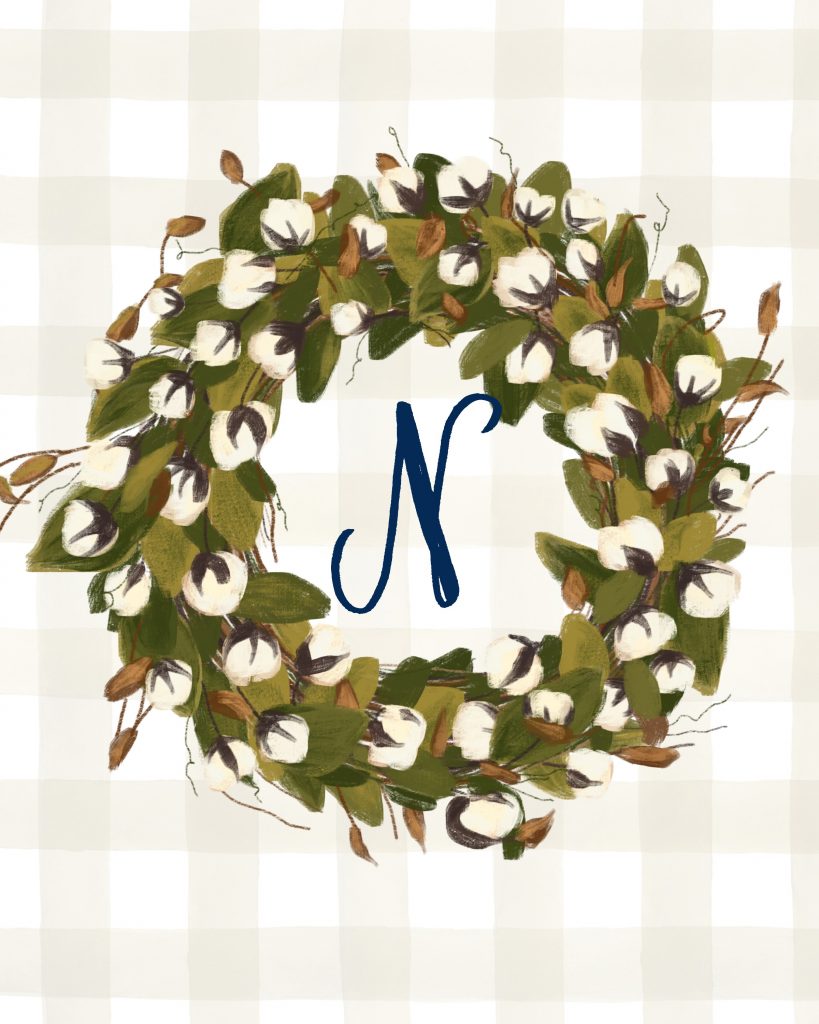N Monogrammed Cotton Stem Wreath Printable
