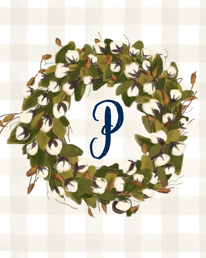 P Monogrammed Cotton Stem Wreath Printable