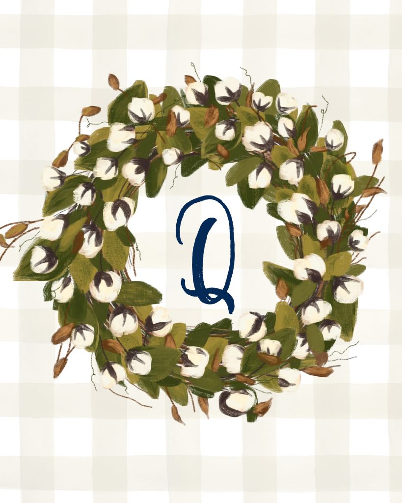 Q Monogrammed Cotton Stem Wreath Printable