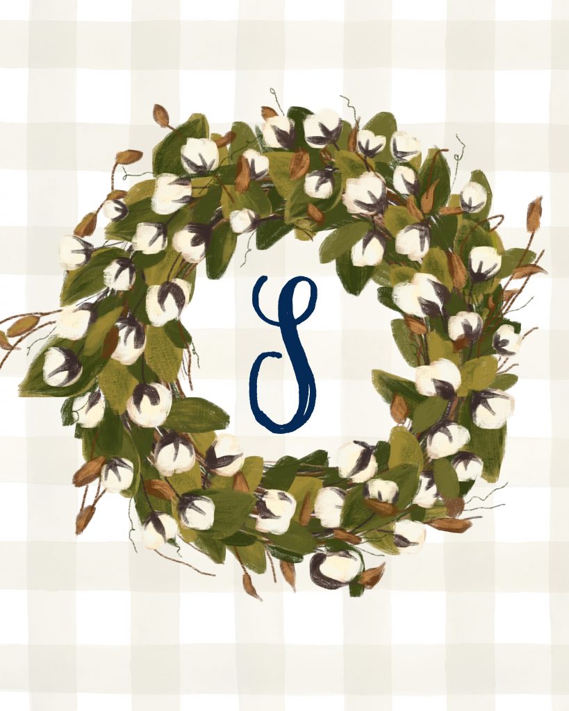 S Monogrammed Cotton Stem Wreath Printable