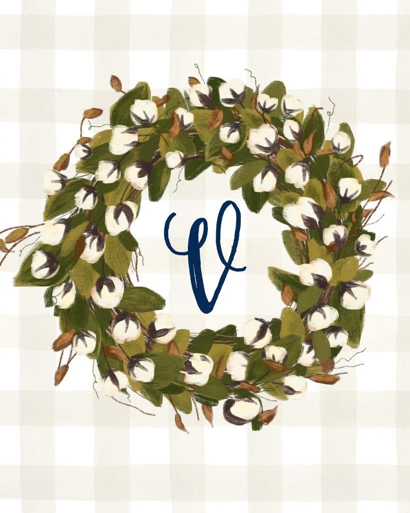 V Monogrammed Cotton Stem Wreath Printable
