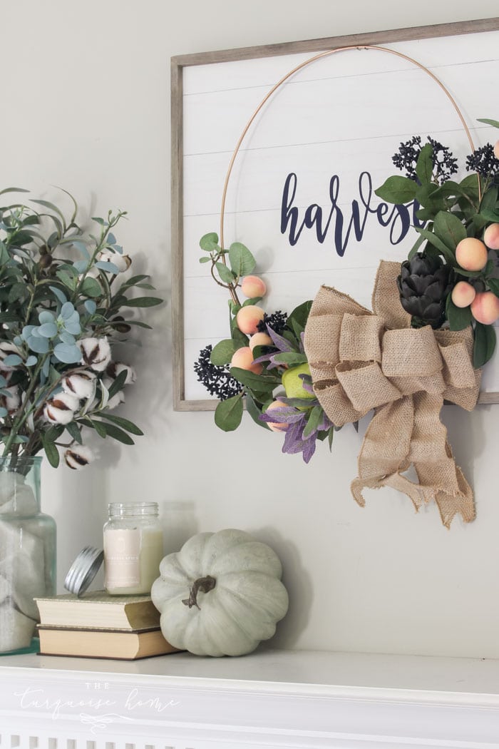 Simple Fall Mantel with Harvest Wreath