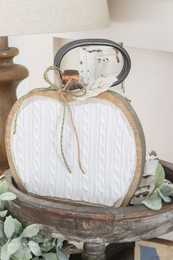 Farmhouse Wooden Pumpkin with Cable Knit Sweater