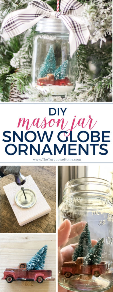 DIY Mason Jar Snow Globe Ornaments with a red truck and bottle brush tree